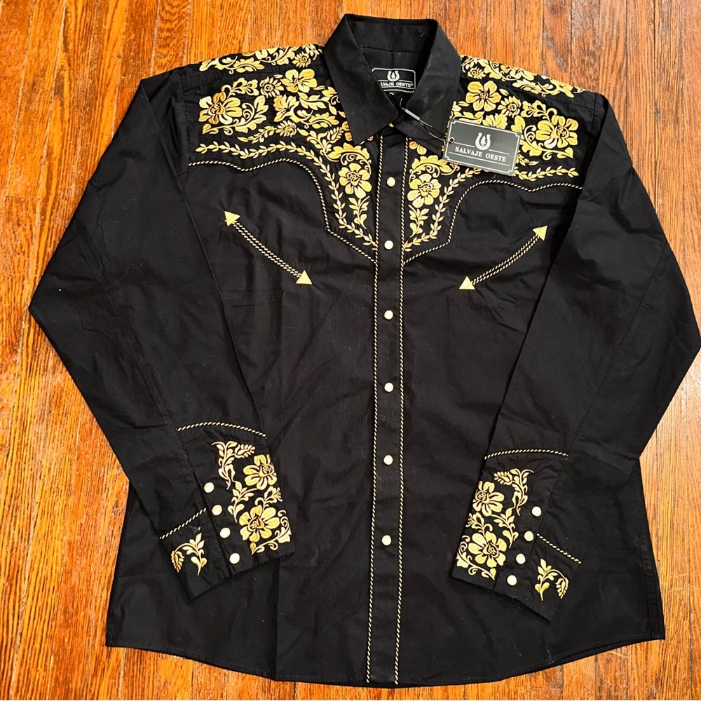XL Salvaje Oeste Black Gold Cowboy Shirt Floral Embroidered Country Western